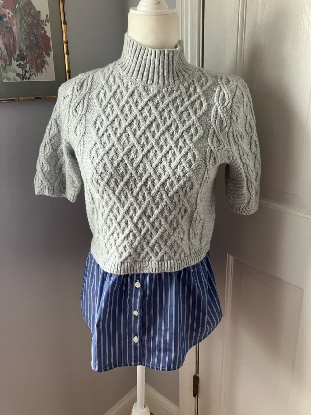 Anthropologie MAEVE Melinda cropped two-fer short sleeve  gray sweater S BTS